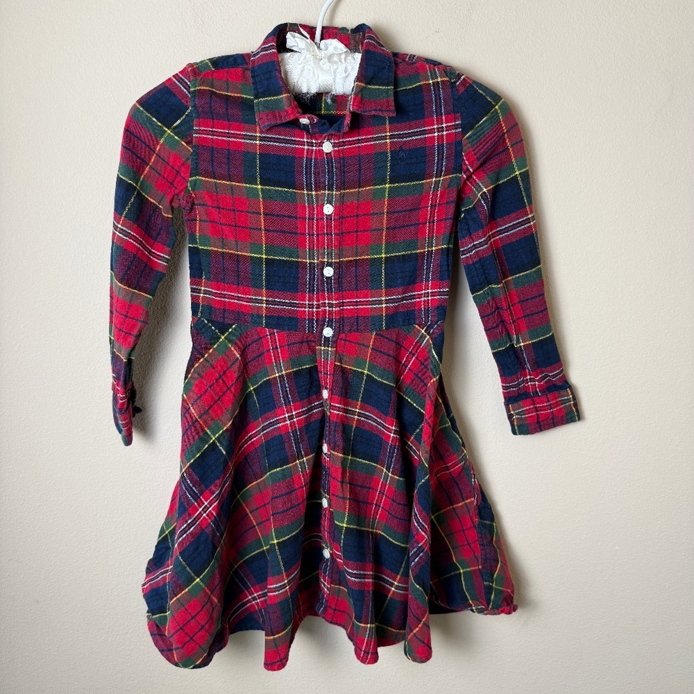 Polo Ralph Lauren Plaid Flannel Dress Girls 6X Red Navy Blue Preppy Holiday